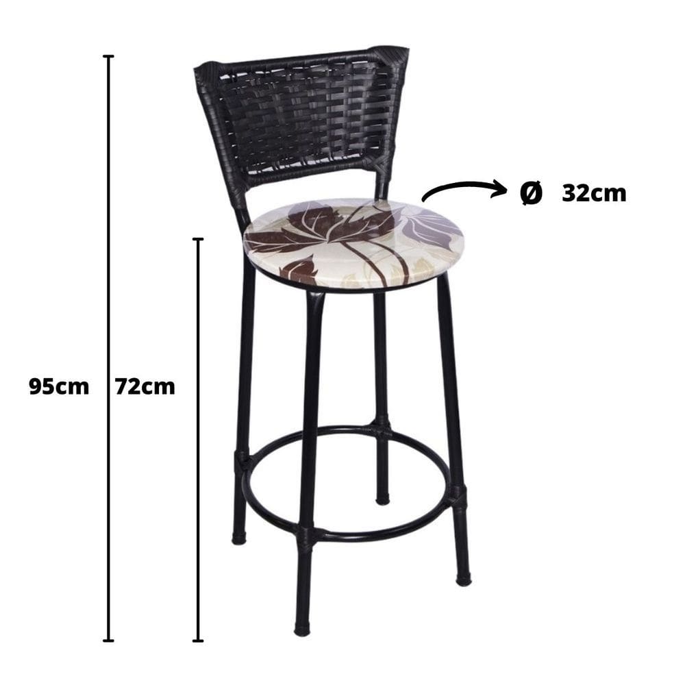 Kit 4 Banquetas Altas Preta com Encosto Junco Preto Assento Floral Marrom