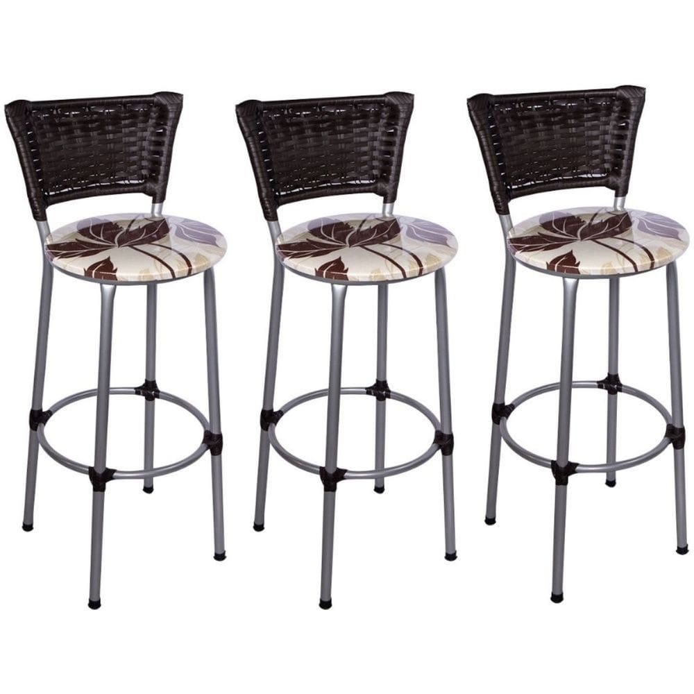 Kit 3 Banquetas Altas Prata com Encosto Junco Argila Assento Floral Marrom