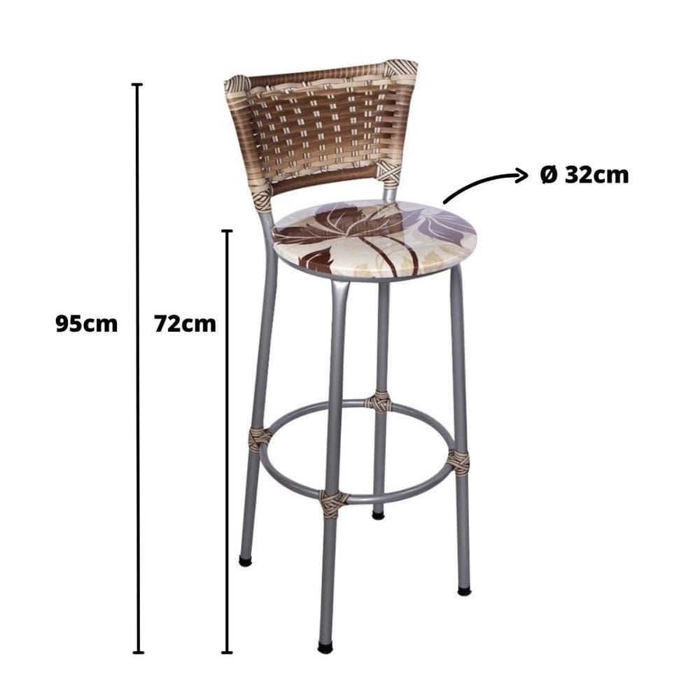 Kit 2 Banquetas Altas Prata com Encosto Junco Capuccino Assento Floral Marrom