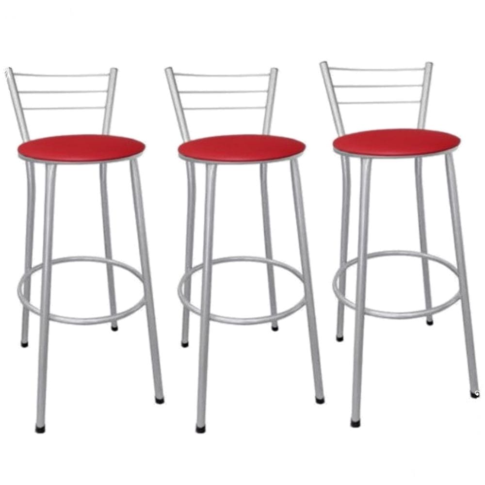 Kit 3 Banquetas Médias Prata com Encosto Assento Vermelho