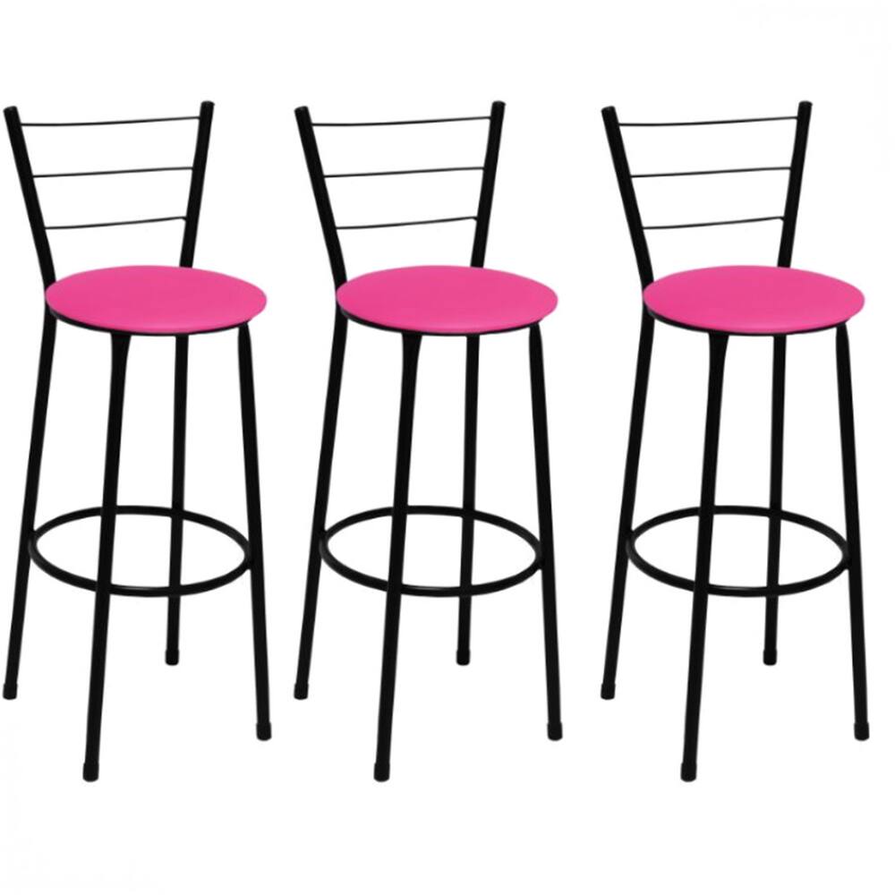 Kit 3 Banquetas Médias Preta com Encosto Assento Rosa