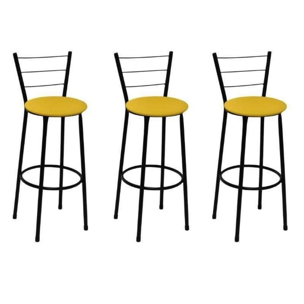 Kit 3 Banquetas Médias Preta com Encosto Assento Amarelo