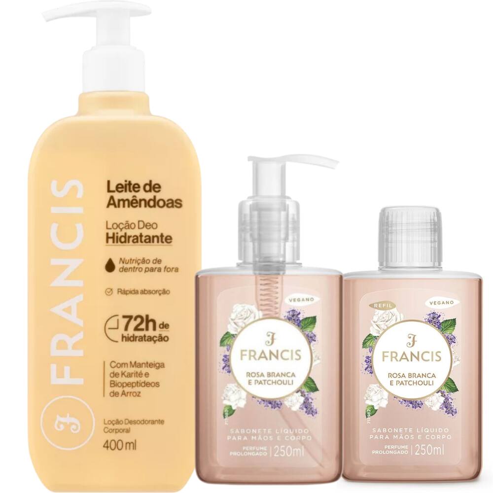 Kit Sabonete Rosa Branca e Patchouli + Refil + Hidratante Leite de Amêndoas Bege