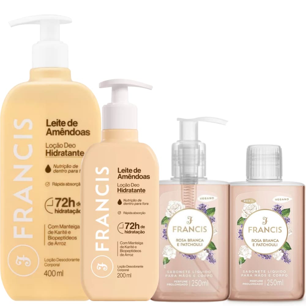 Kit Francis Leite de Amêndoas Bege + Rosa Branca e Patchouli - 4 Itens