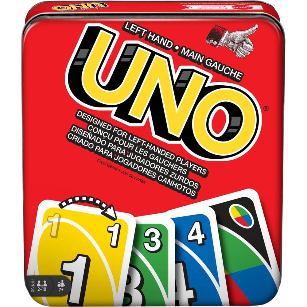 Jogo de cartas Mattel Games UNO para família canhota com caixa de lata