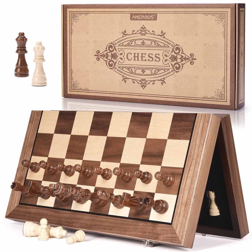 Conjunto de xadrez AMEROUS Magnetic Wooden 38cm com 2 rainhas extras
