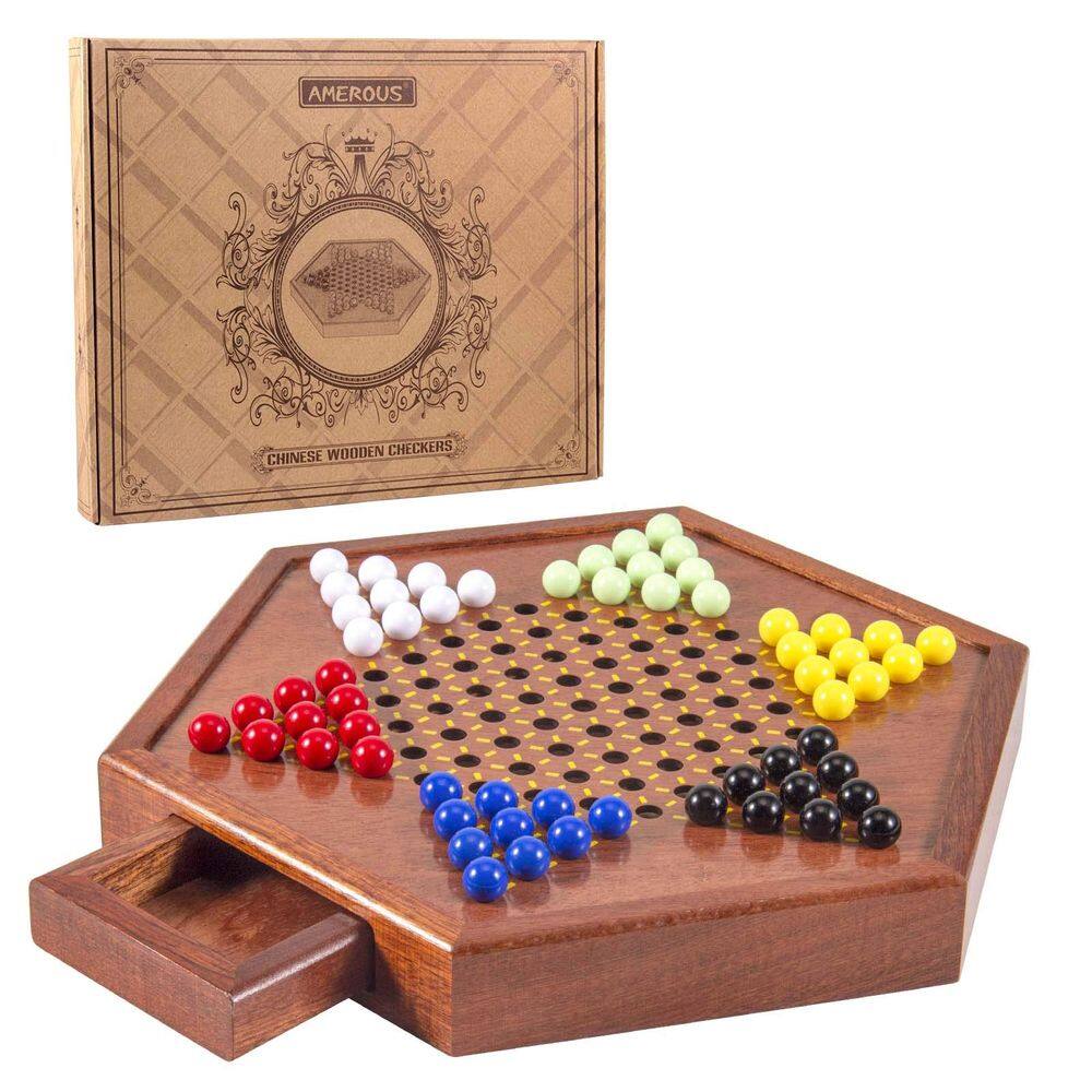 Conjunto de damas chinesas AMEROUS Wooden com armazenamento de 60 bolinhas