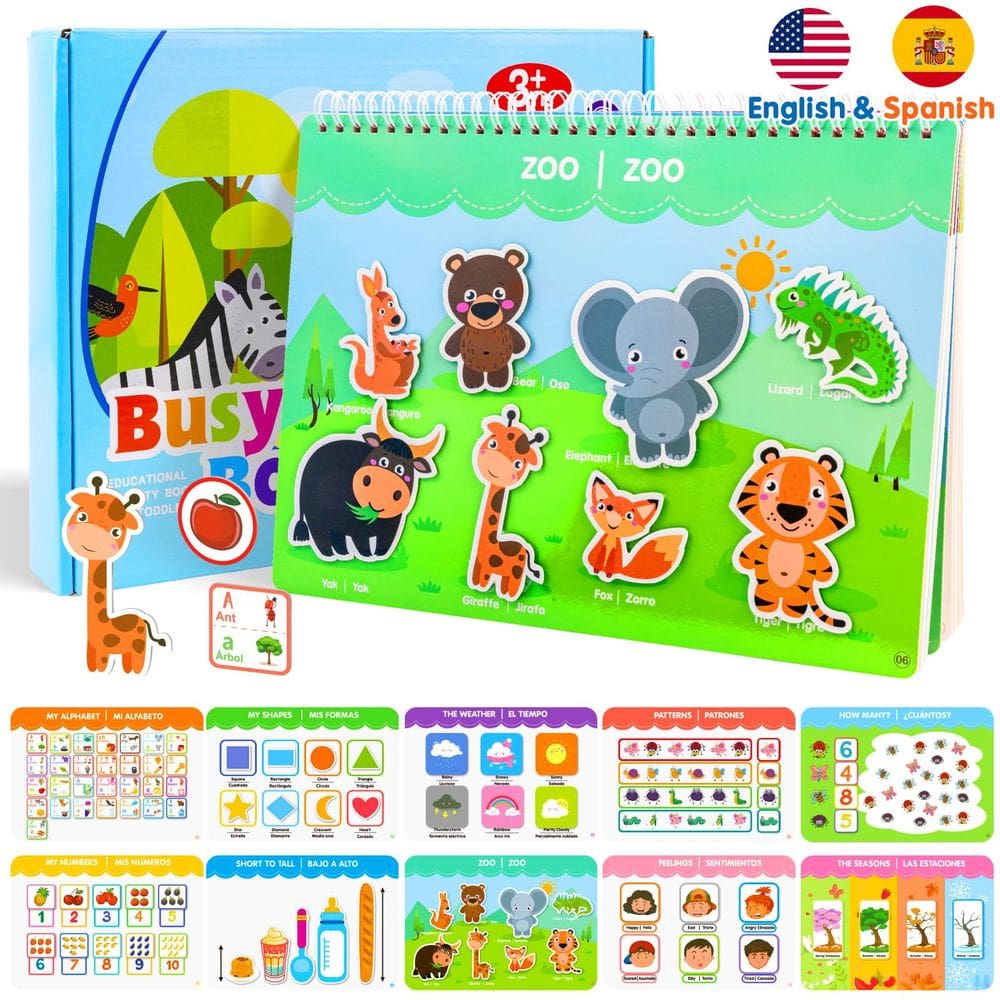 Brinquedos educativos de aprendizagem, livro Montessori em espanhol e inglês