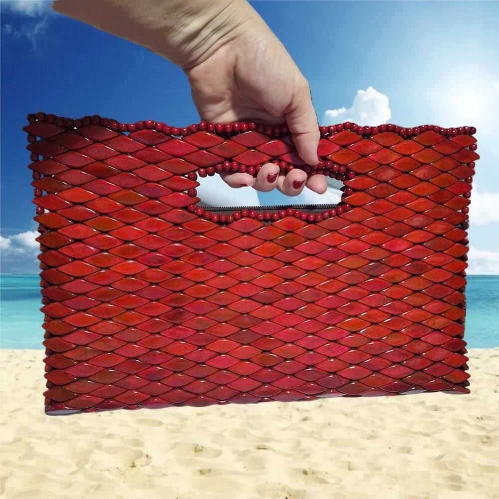 Bolsa Artesanal Madeira Retangular Vermelha Alça Embutida