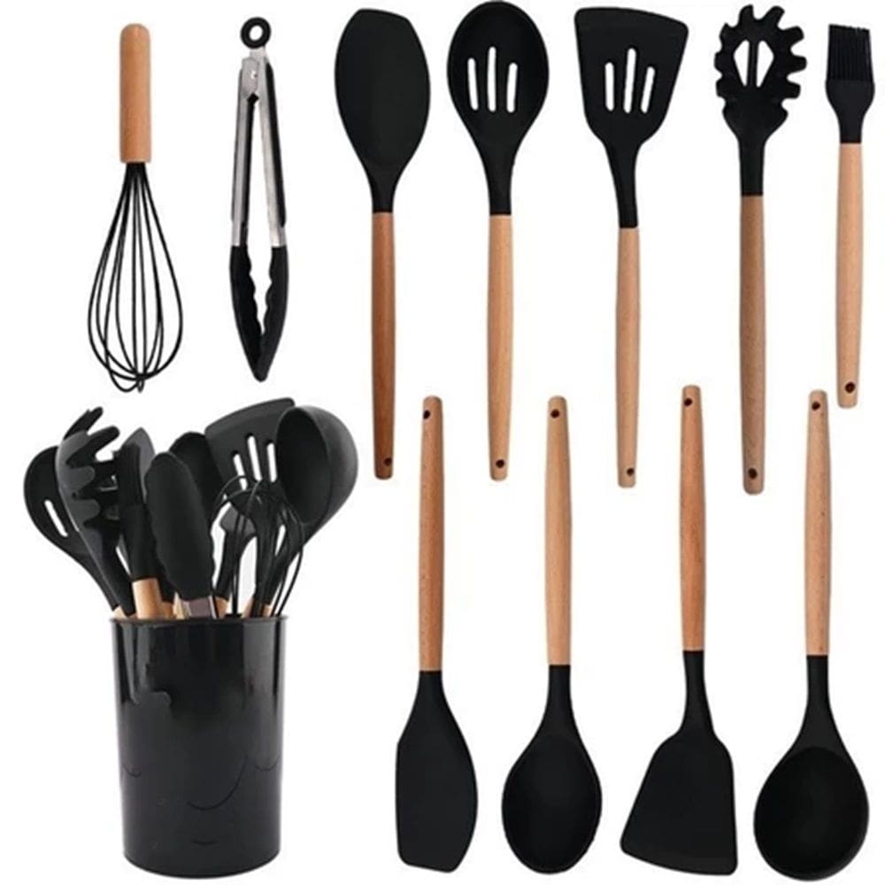 Kit 12 Utensílios De Cozinha Em Silicone E Cabo De Madeira Preto