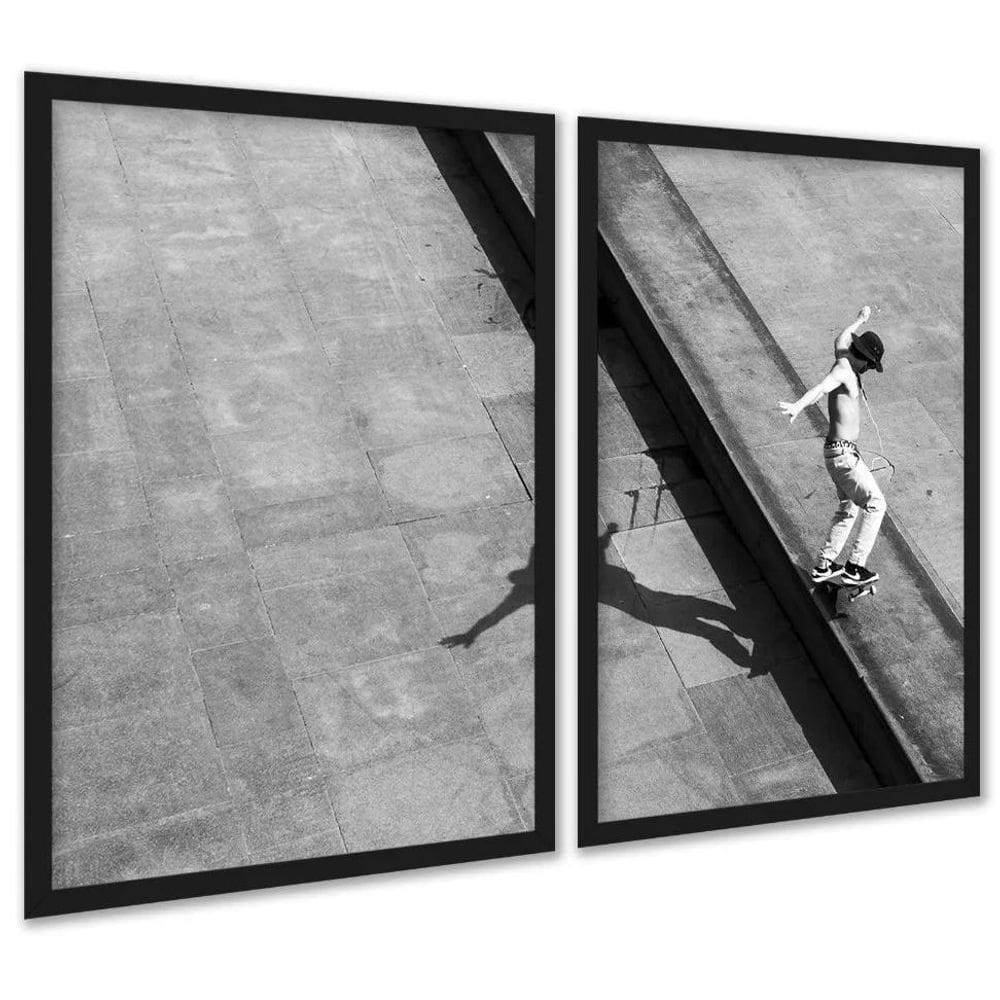 Kit 2 Quadros Foto Skatista Preto E Branco 45X34Cm