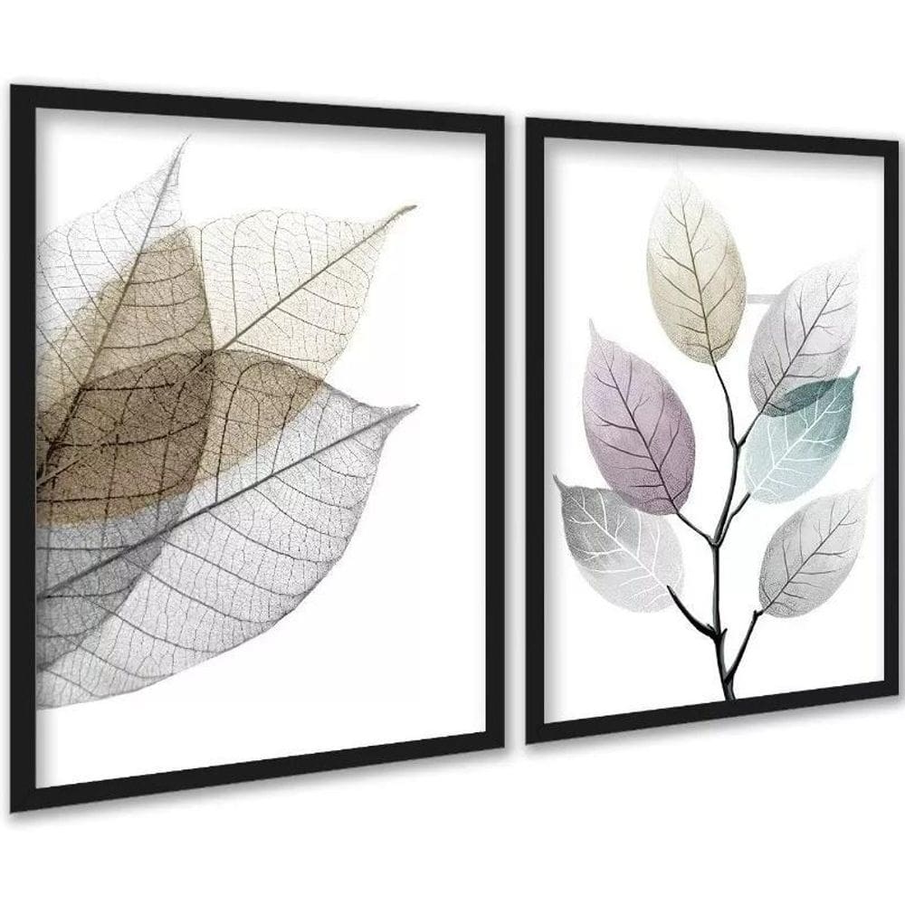 Kit 2 Quadros Modernos Folhas Transparentes 33X24Cm