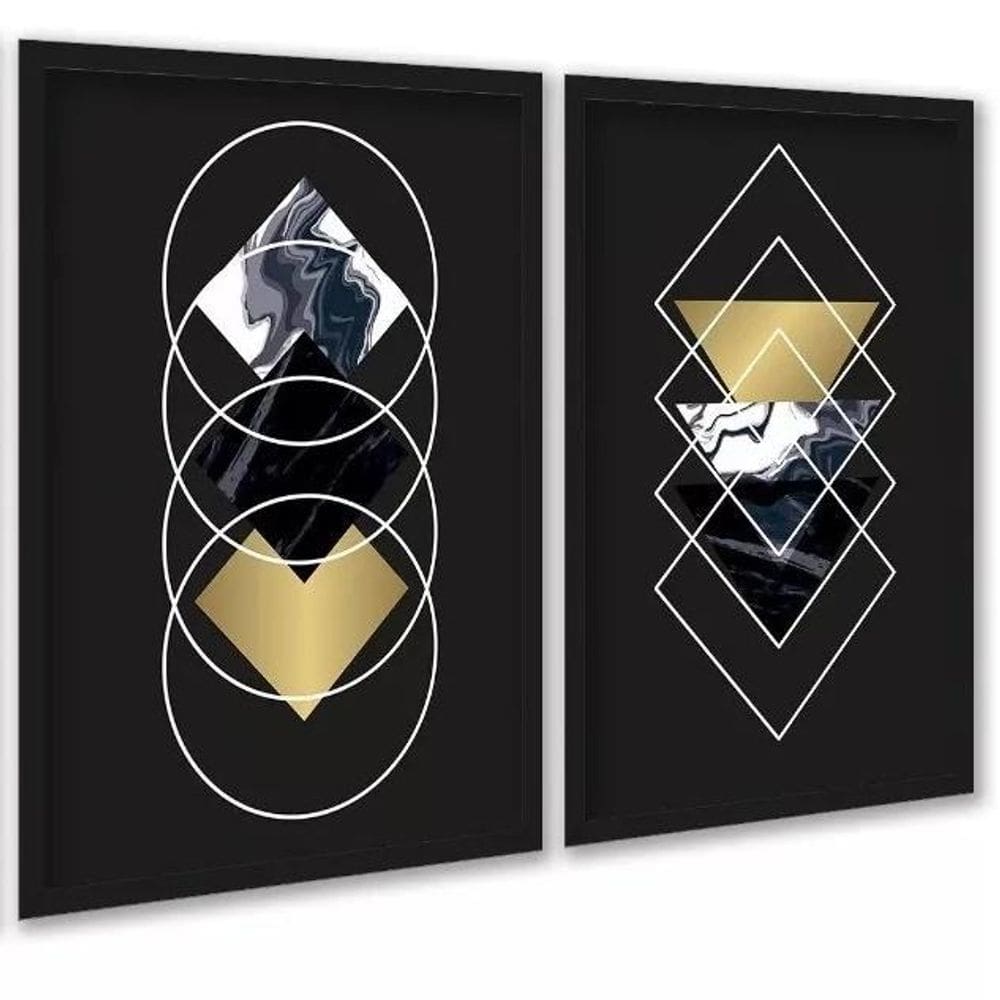 Kit 2 Quadros Geométricos Preto Dourado Mármore 45X34Cm