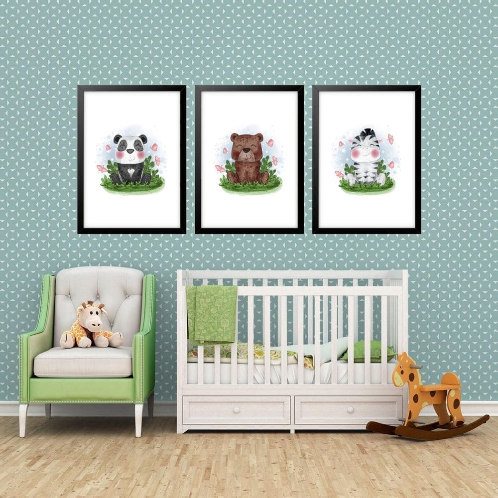 Kit 3 Quadros Grandes Quarto Infantil Filhotinhos 60X48Cm