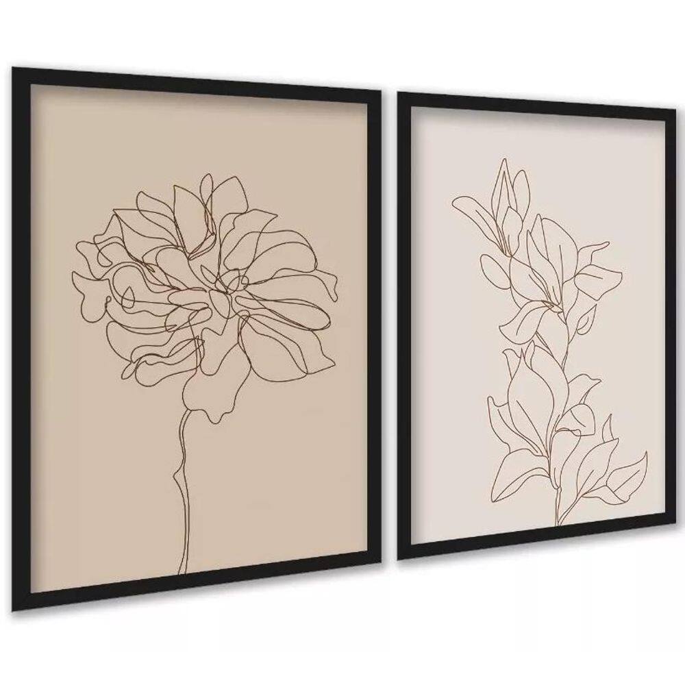 Kit 2 Quadros Flores Linhas Suaves - Bege 24X18Cm - Vidro