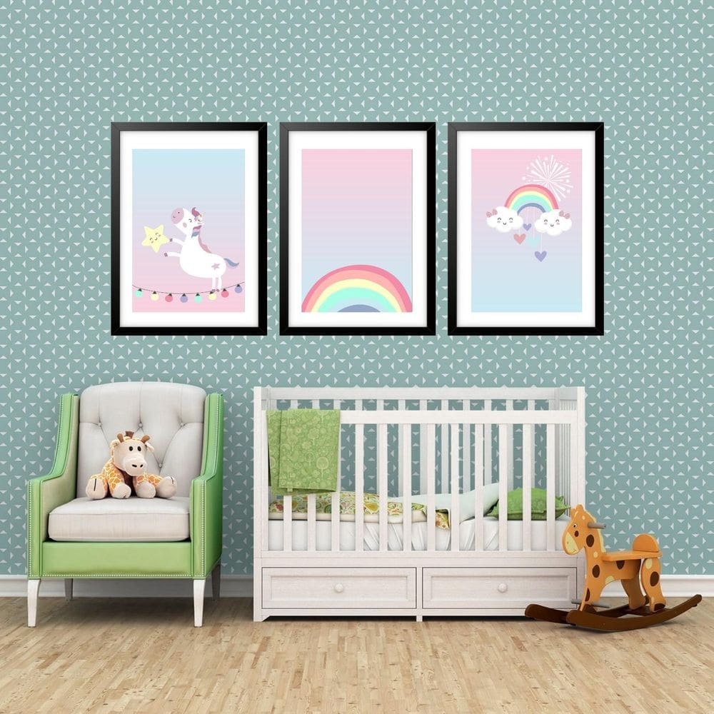 Kit 3 Quadros Grandes Quarto Infantil Unicórnio 60X48Cm