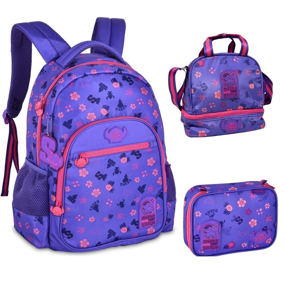 Kit Mochila De Costas Juvenil Stitch Disney Clio Roxo