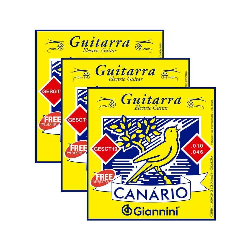 Kit 3 Encordoamento Guitarra Giannini Canário GESGT10 Aço 0.010