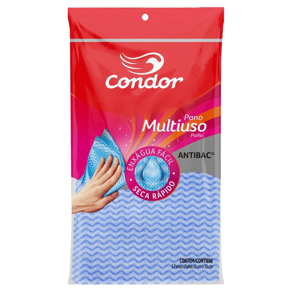Pano Multiuso Azul Condor Antibac 55cm x 33cm 5 Unidades