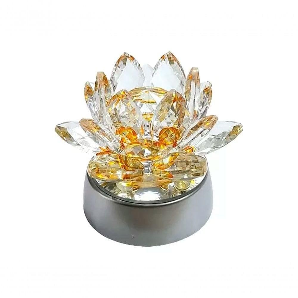 Enfeite Escultura De Vidro Flor De Lotus De 13cm Com Base Espelhada Led Rgb Enfeite De Cristal Amarelo