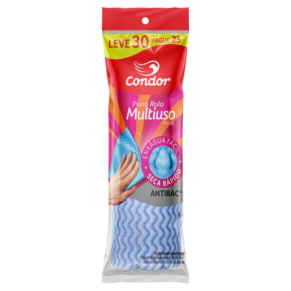 Pano Multiuso Picotado em Rolo Azul Condor Antibac 22cm x 35cm Leve 30 Pague 25 Unidades