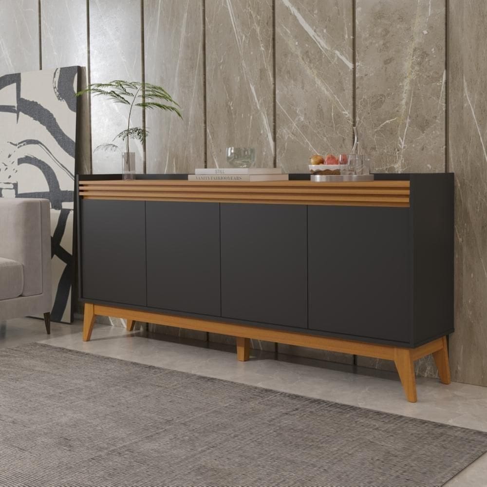 Buffet Aparador Ripado 4 Portas Com Pés De MDF Astúrias 180cm Preto Cedro