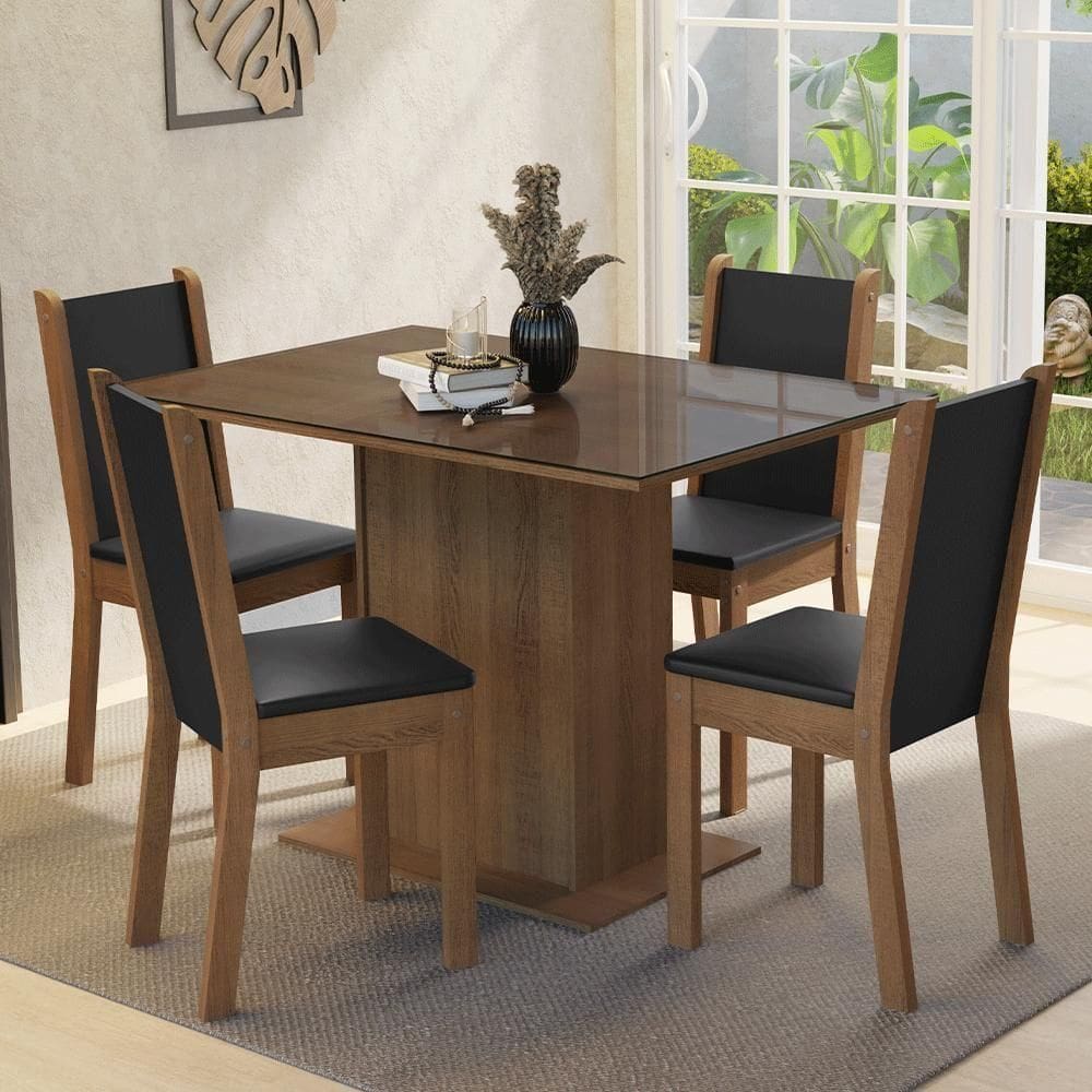Conjunto Sala De Jantar Mesa Tampo De Vidro 4 Cadeiras Rustic Preto Martina Madesa