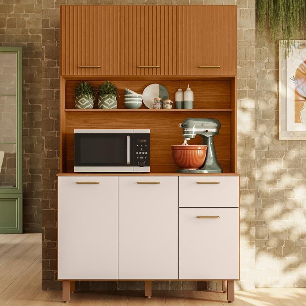 Cozinha Compacta 6 Portas 1 Gaveta 110 Cm Livi Freijó Ripado Off White Pln