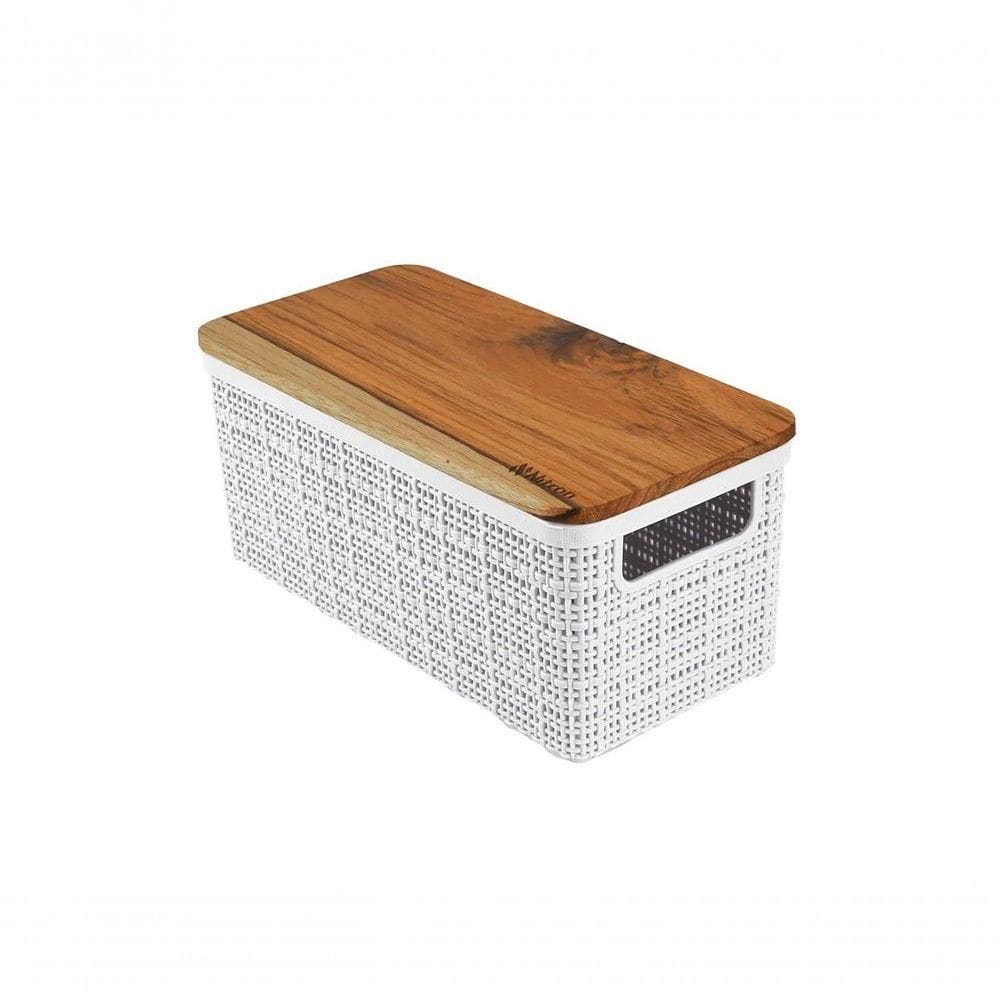 Cesto Organizador Juta De Plástico Resistente Com Tampa De Madeira Capacidade 7,4 Litros Branco