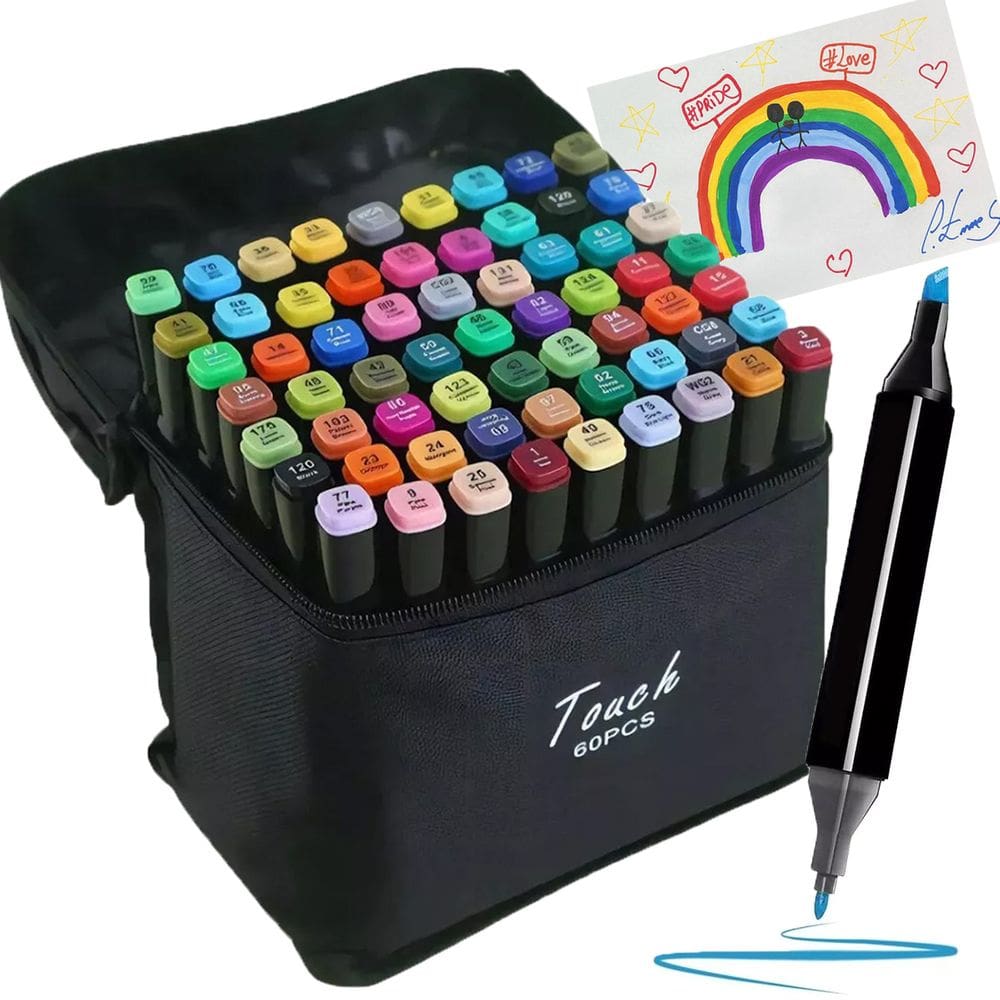 Estojo Canetinhas 60 Cores Caneta Permanente Ponta Dupla Marcador Bolsa Faculdade