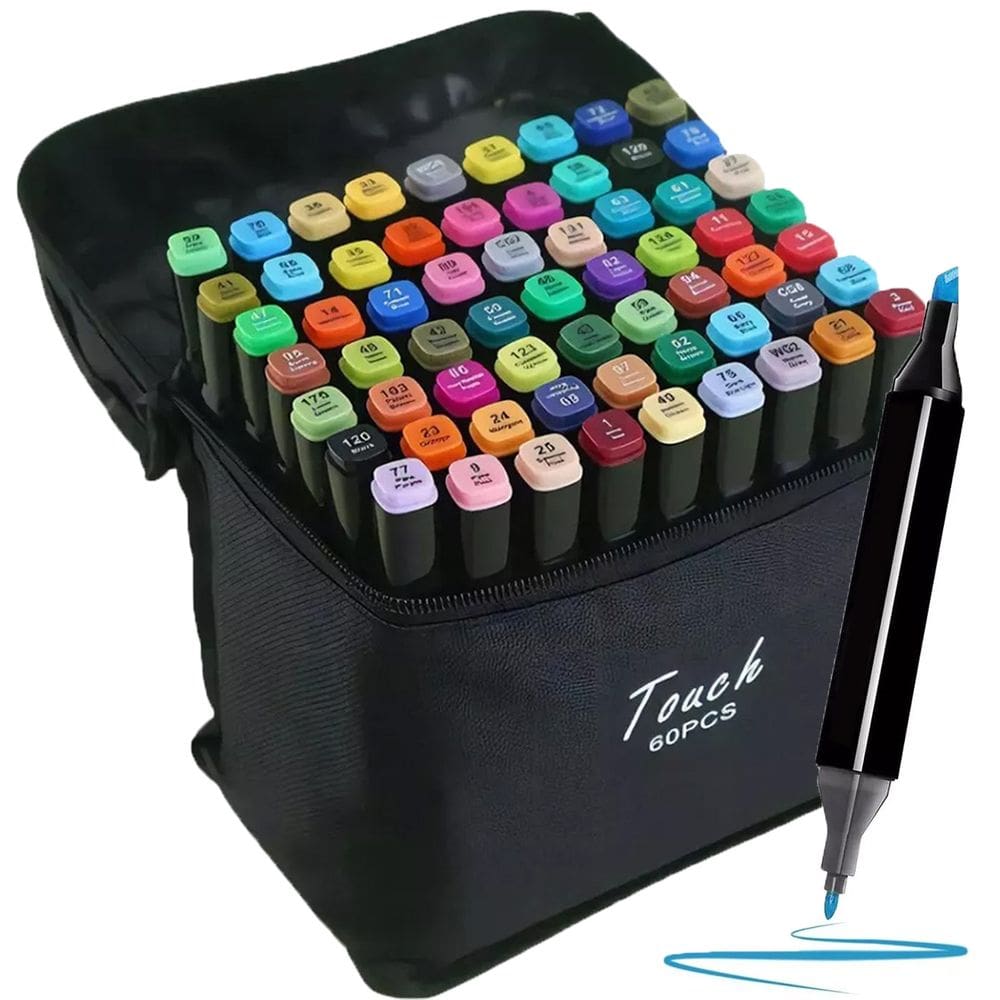 Estojo Canetas Marcador 60 Cores Canetinhas Ponta Dupla Bolsa Desenho Pintura