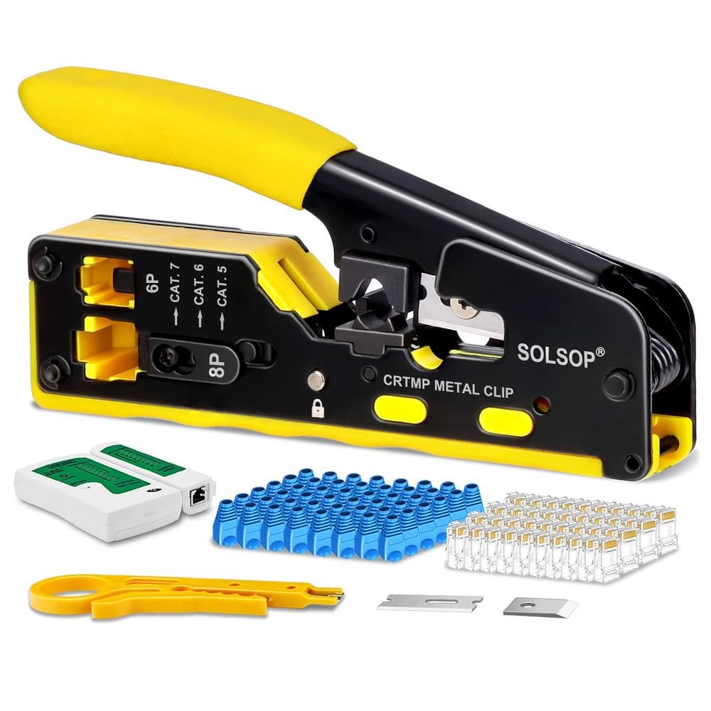 Kit de ferramentas de crimpagem Solsop Pass Through RJ45 Ethernet Cat7 Cat6 Cat5