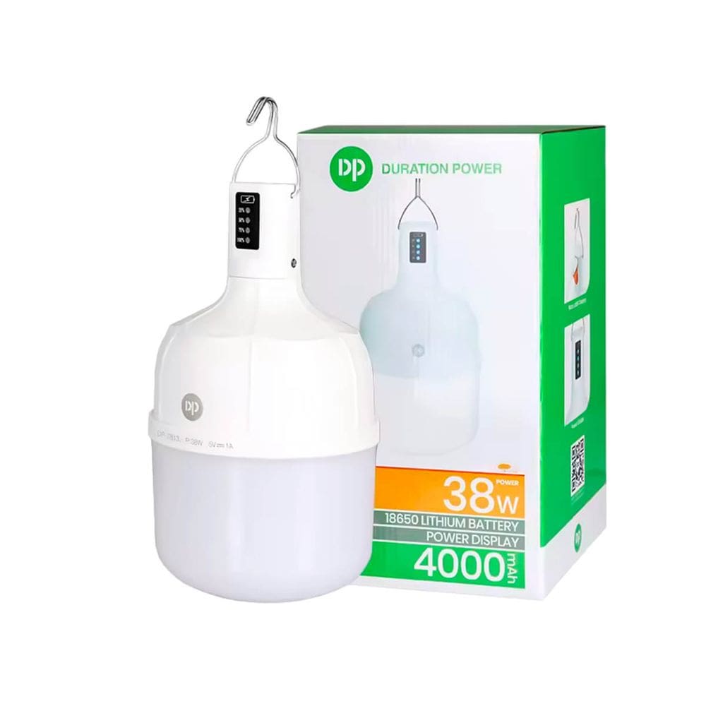 Lâmpada de Emergência 38W com bateria de 4000mAh, 3 modos de iluminação, indicador de carga e recarregamento via USB para uso em quedas de energia.