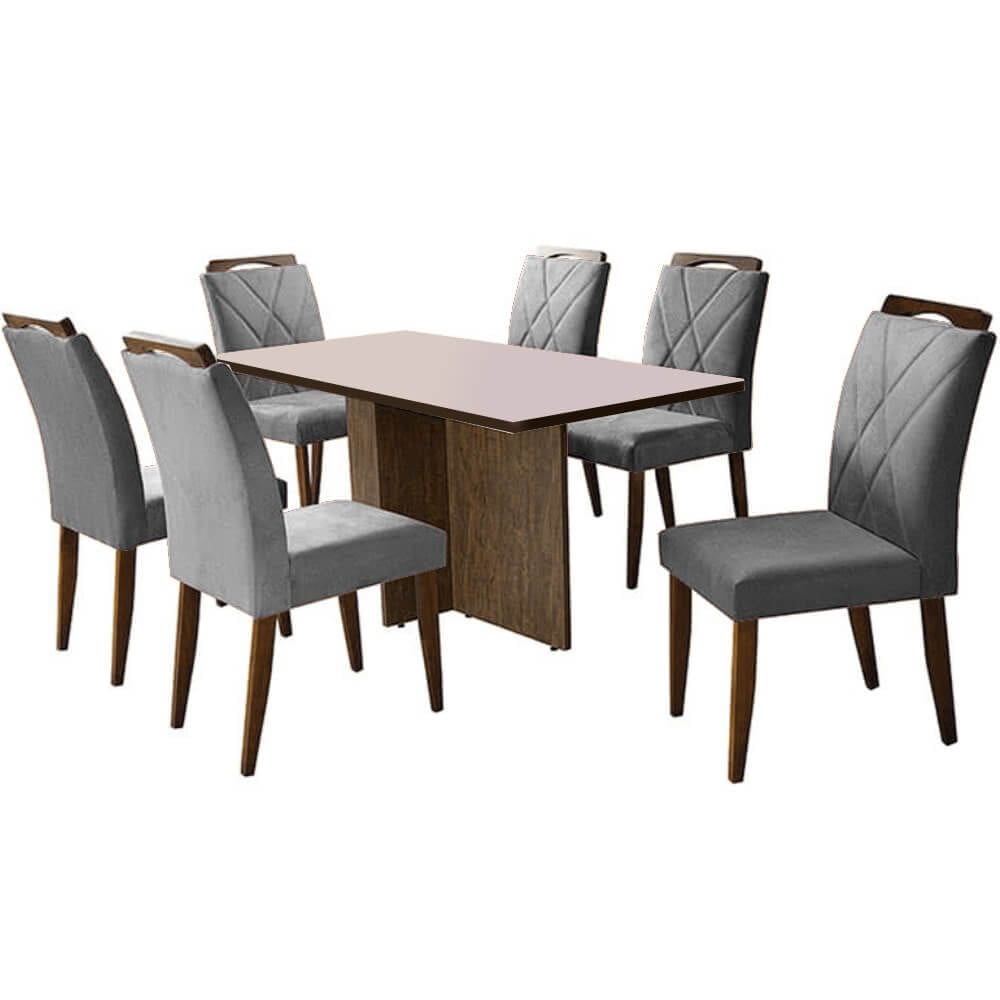 Mesa de Jantar Los Angeles 160x80cm em Linho com 6 Cadeiras California Minas Plac Cor Canela Off White com Tecido Cinza