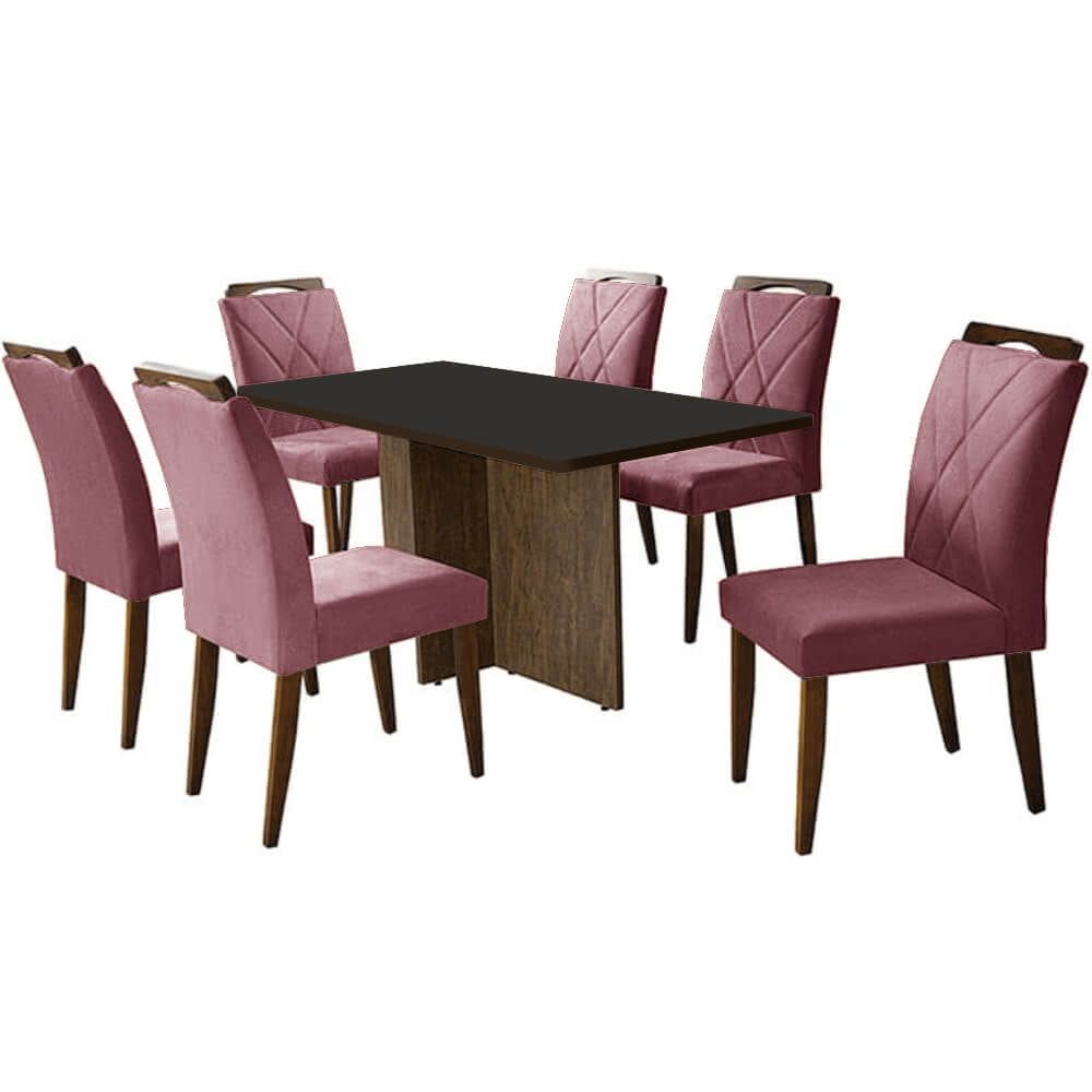 Mesa de Jantar Los Angeles 160x80cm em Linho com 6 Cadeiras California Minas Plac Cor Canela Grafite com Tecido Rose