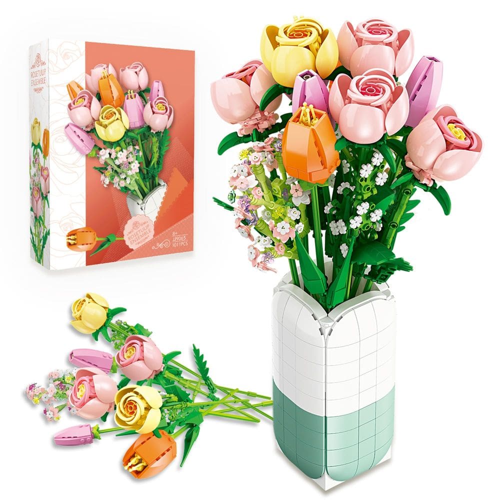 Conjunto de construção, buquê de flores chanbrick com vaso - 1011 unidades