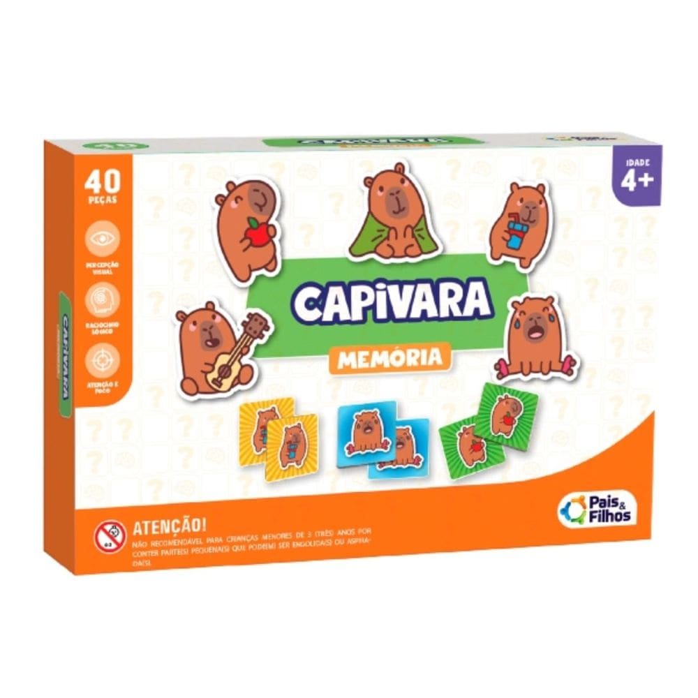 Jogo da Memória 40 Cartas Capivara Infantil +4 Anos Atenção Foco Raciocínio Pais e Filhos
