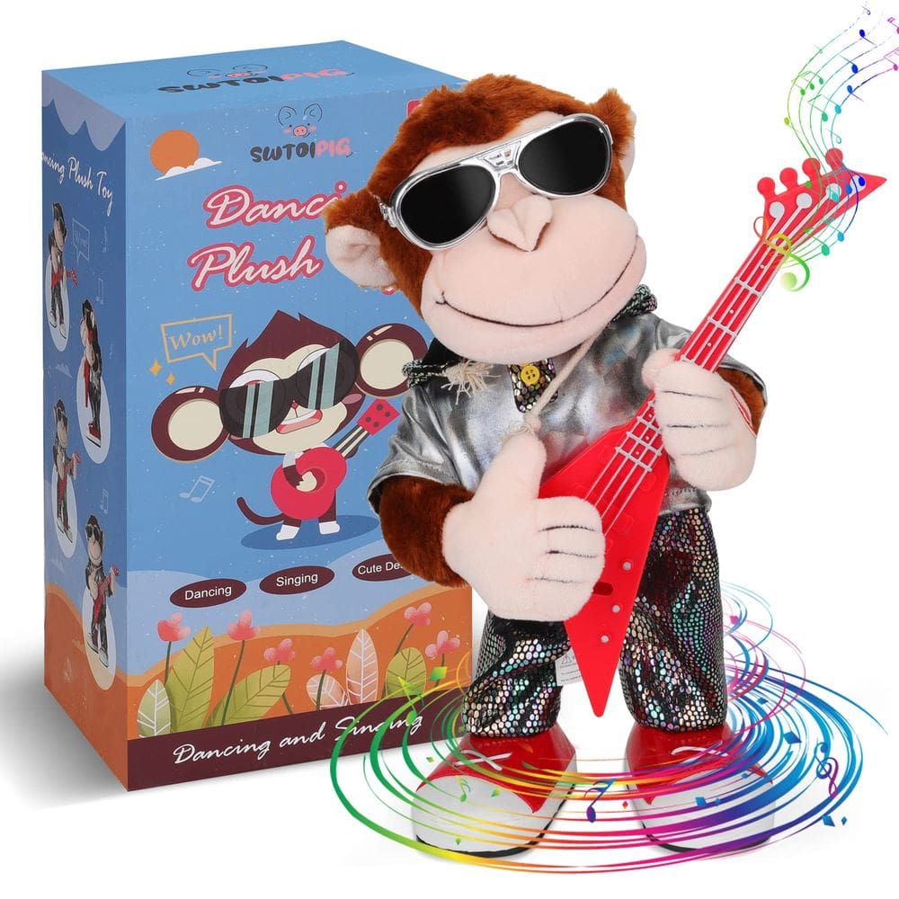 Brinquedo de pelúcia SWTOIPIG Dancing Monkey com canto e vibração de guitarra