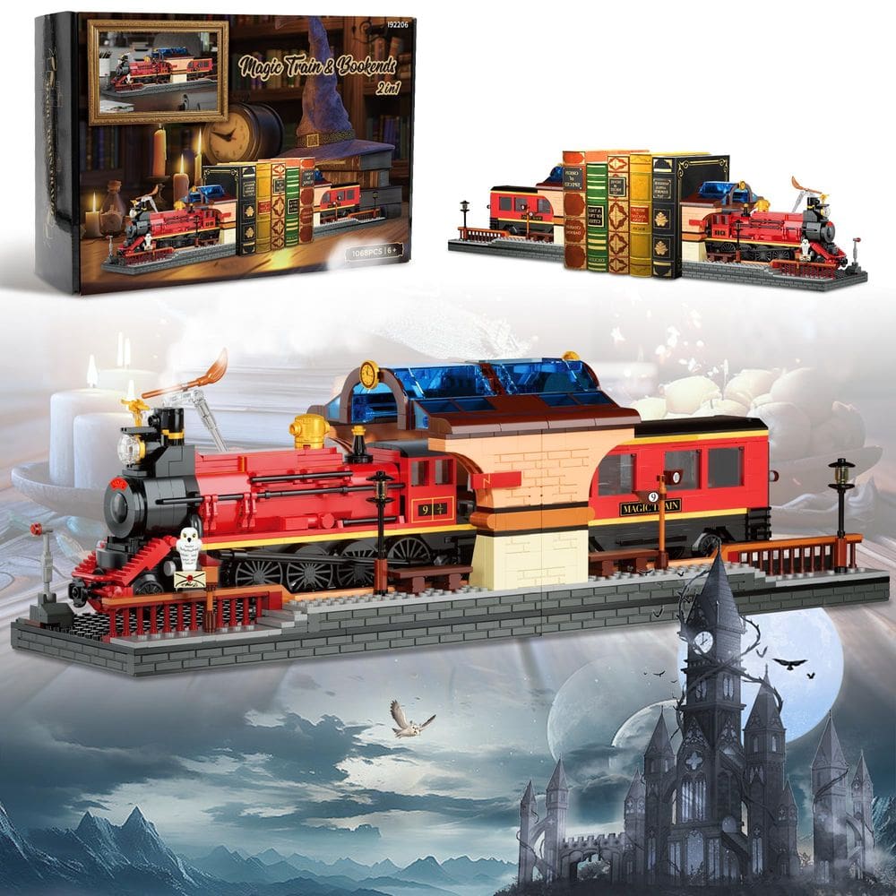 Brinquedo de blocos de construção AKWME Harry Magic Train com suportes para livros
