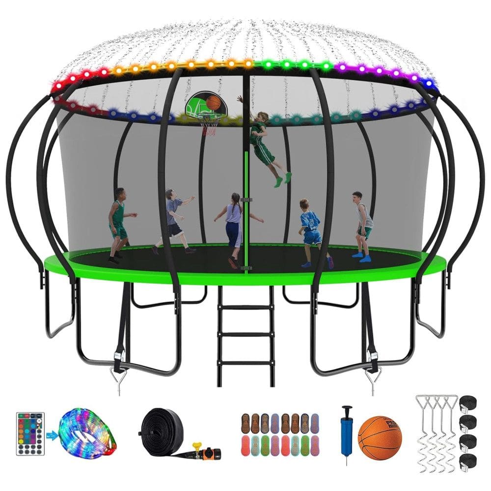 Cama Elastica Capacidade até 544 kg com Luz LED e Cesta de Basquete, SKYUP, Verde