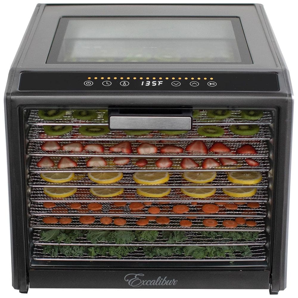 Desidratador de Alimentos com 10 Bandejas, Controle de Temperatura, Porta de Vidro para Visualização e Display LED, 800W, Excalibur, Cinza