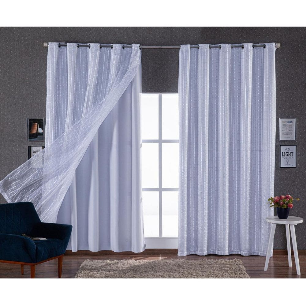 Cortina Luxo Voil Xadrez Branco 4,00X2,80 Forro Microfibra