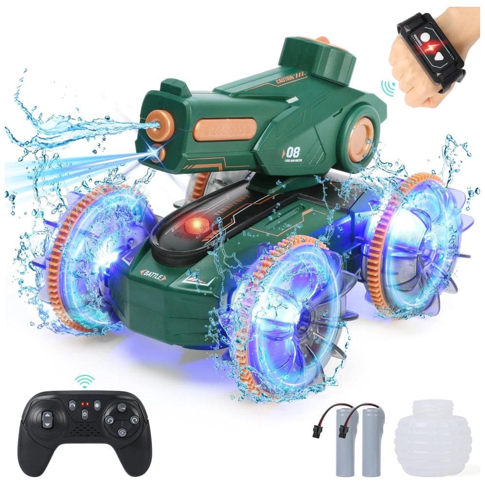 Carro de Controle Remoto 3 em 1, Carro, Barco e Tanque com Jato de Água, Luzes e Controle por Gestos, IQBOX, Verde