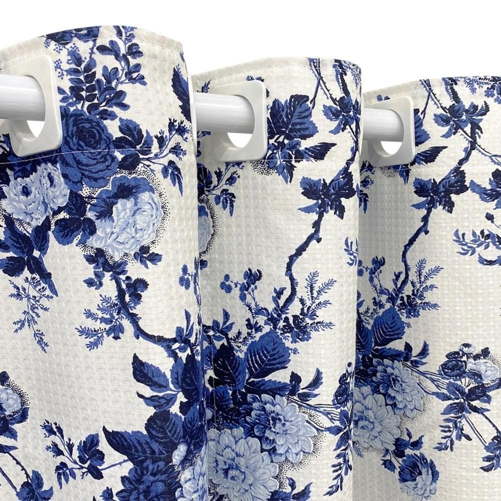 Cortina Tecido Piquet Floral Azul 2,00X1,20 Sala Cozinha
