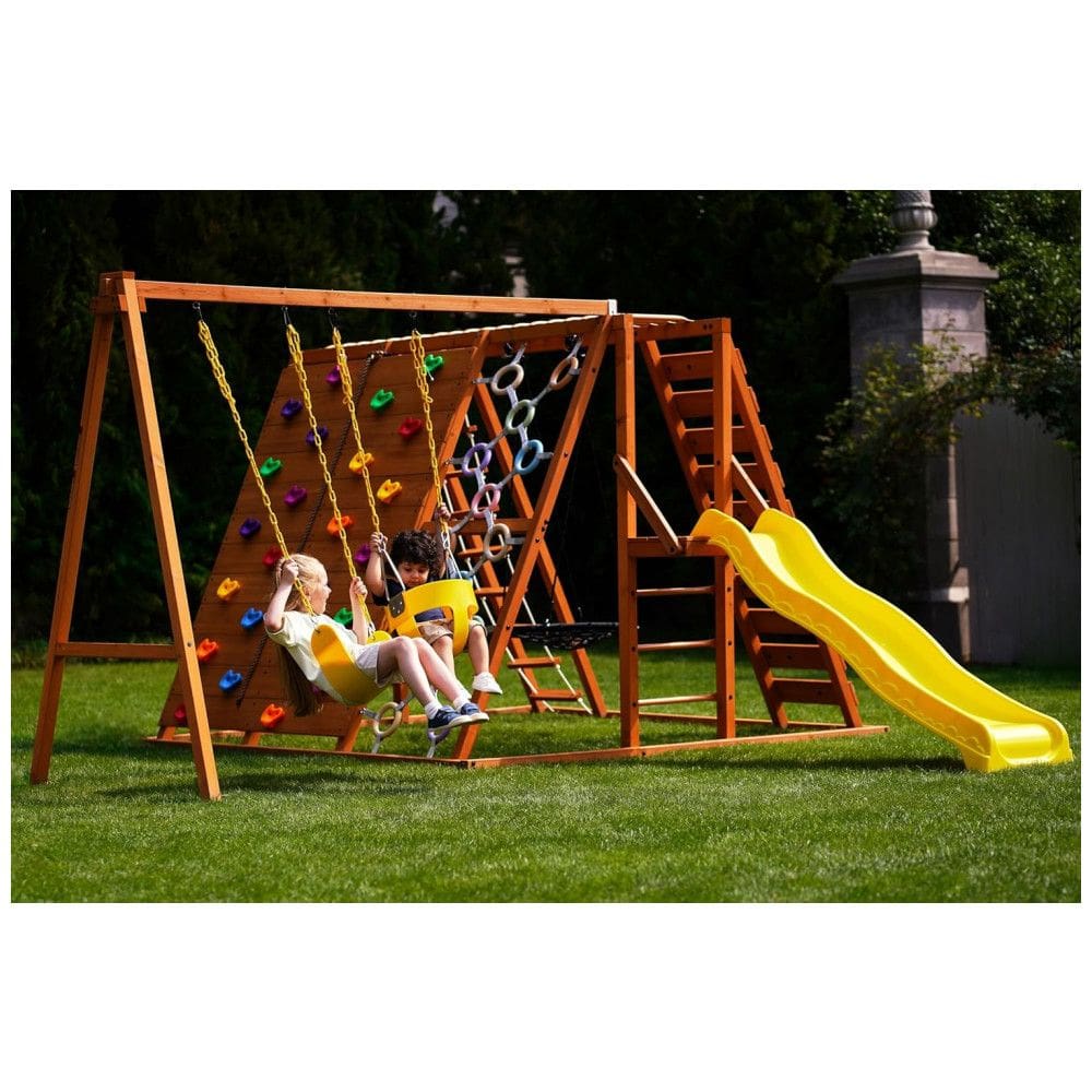 Playground Infantil de Madeira com 2 Balanços, 1 Barra de Ginástica, Parede de Escalada, Escorregador e Escada, Avenlur, Amarelo