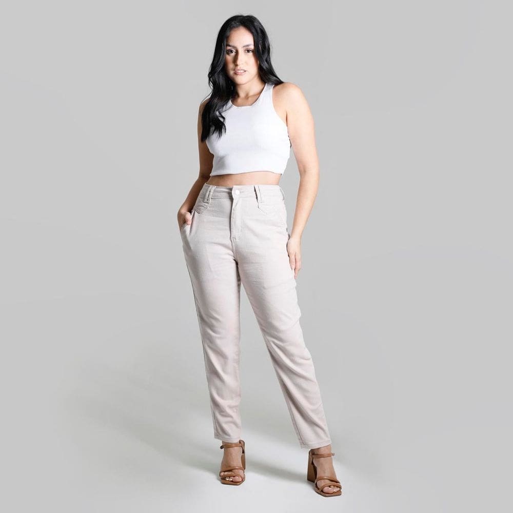 Calça Feminina Sarja Sawary Mom Bege