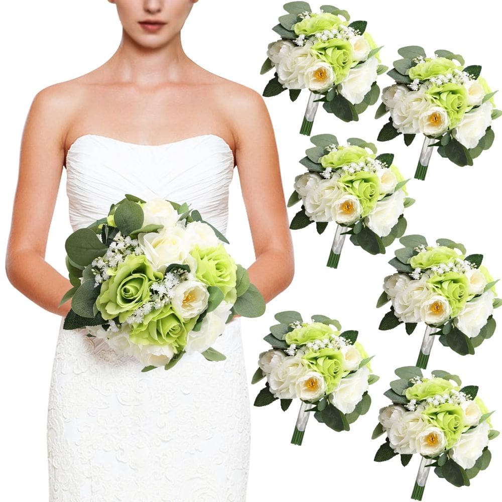 Buquês de dama de honra DIYDOFUN, conjunto de 6 verdes e brancos, 28 cm