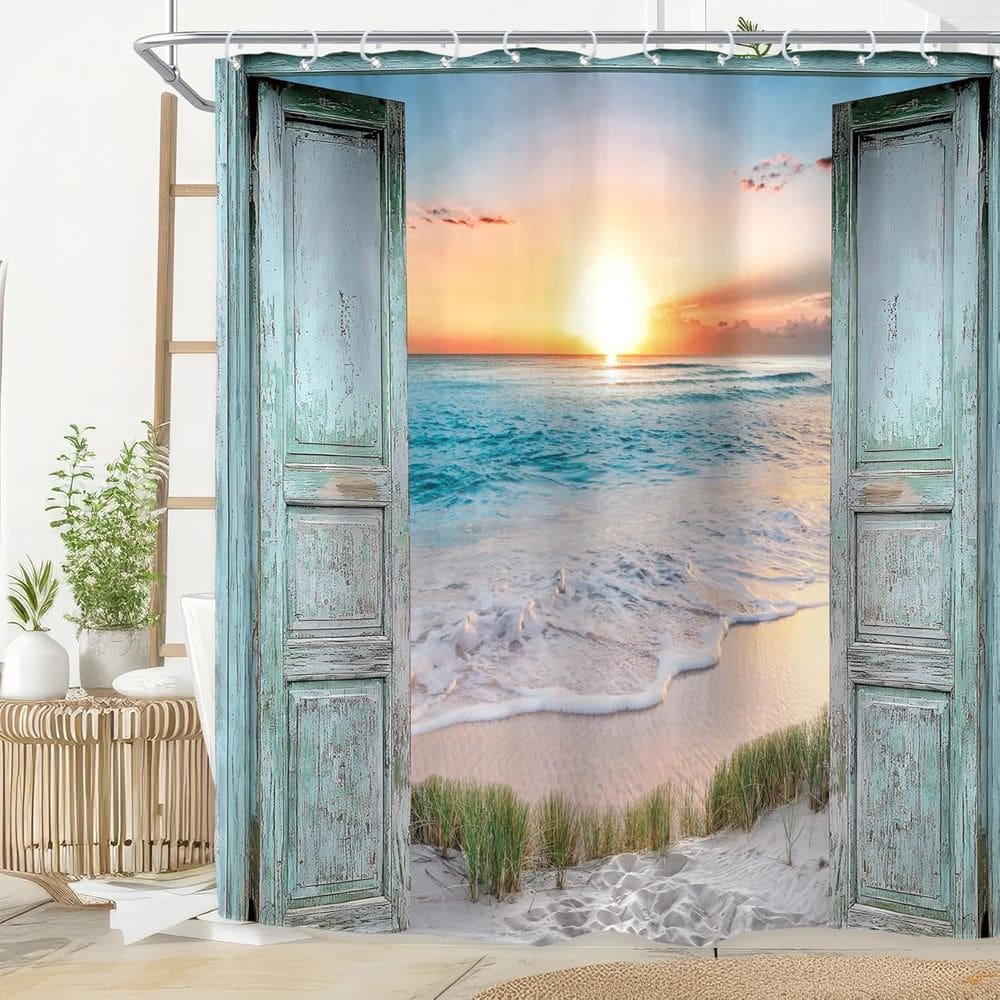 Cortina de chuveiro Riyidecor Teal Ocean Beach 150x180cm poliéster
