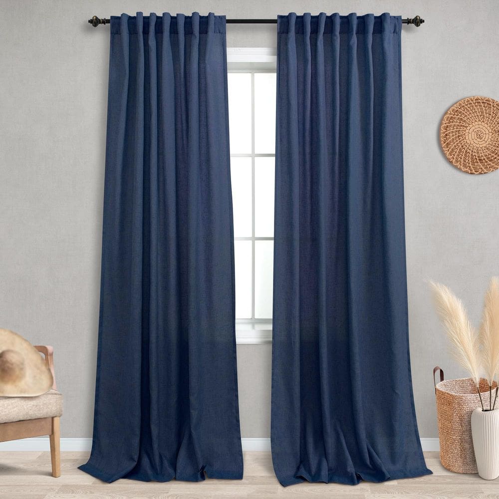 Cortinas KOUFALL azul marinho de linho transparente 132x238cm para quarto