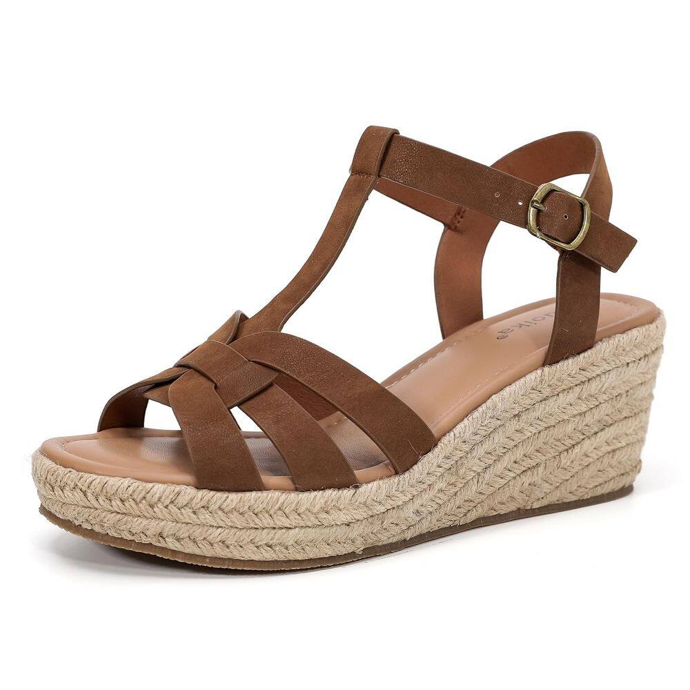 Sandálias Luoika Wide Wedge Platform com alça de tornozelo marrom 7,5XW